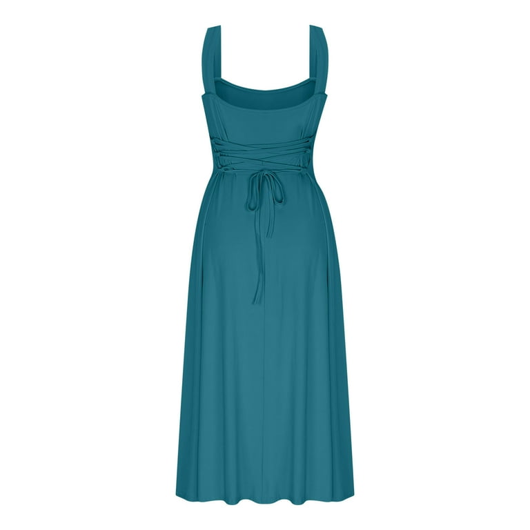 RYRJJ Womens Summer Formal Dresses Elegant Sleeveless A Line Square Neck  Flowy Swing Solid Long Dress Wedding Guest Dress(Blue,XL) - Walmart.com