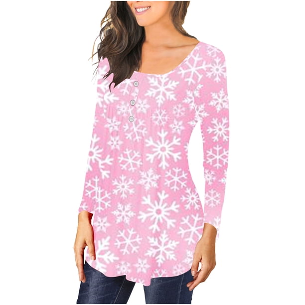 Camiseta informal para mujer, blusa estampada de manga larga con cuello redondo y fruncido Pompotops FGAJ9528
