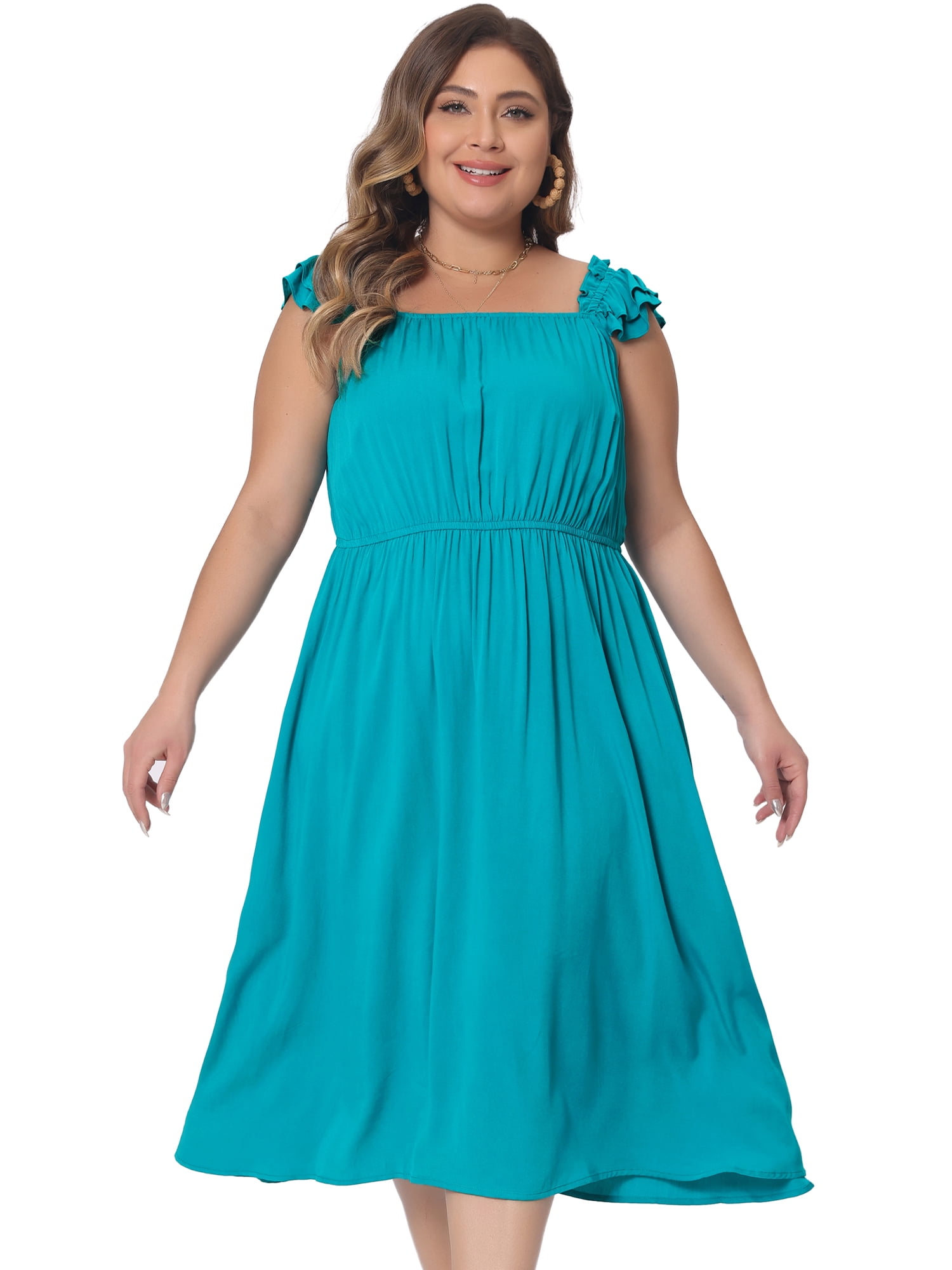 DARING DIVA Women's Plus Size Ruffle Cap Sleeve Shirred Waist A Line Dress 3X Lake Blue