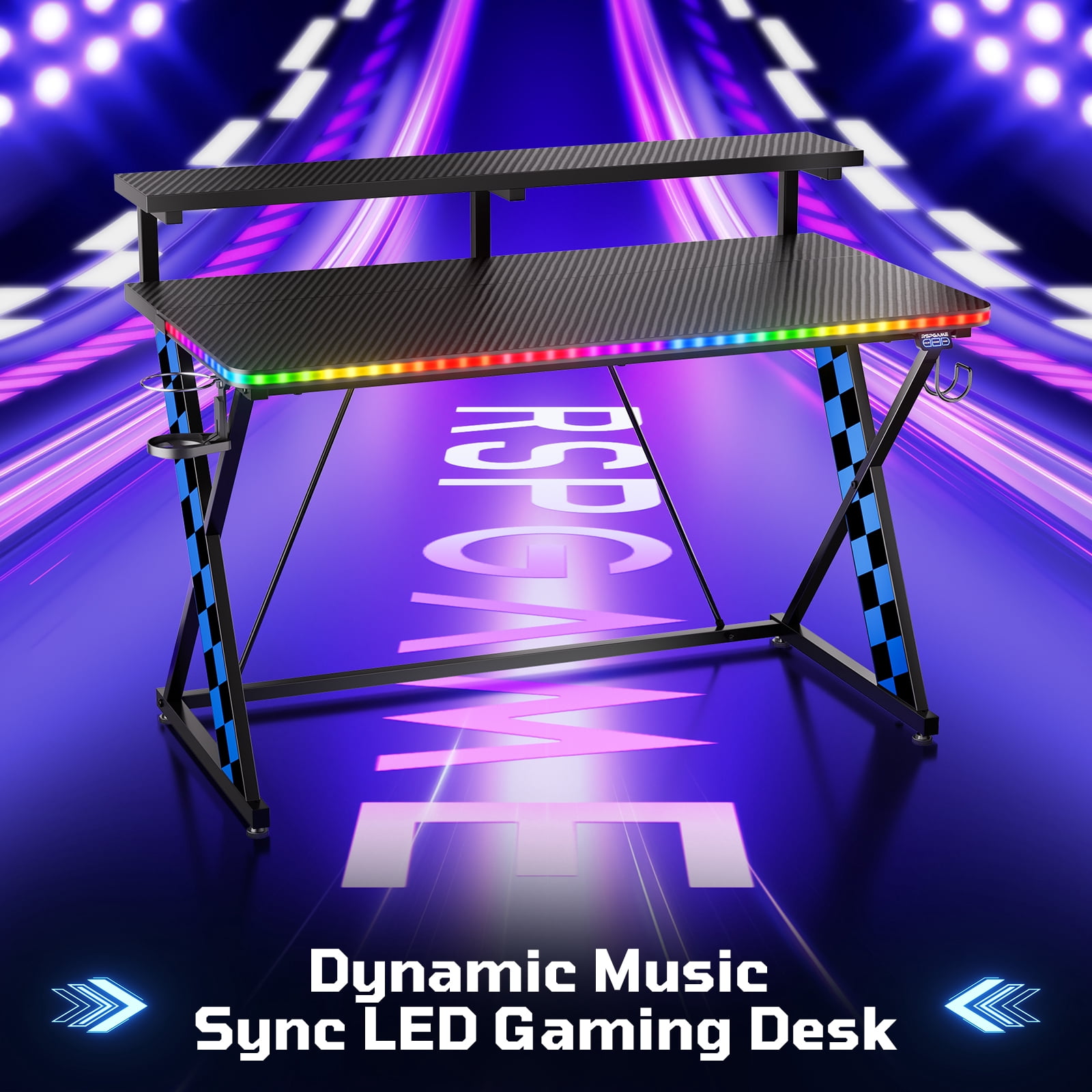 RSPGAME 43" Music Sync LED Gaming Desk,X-Shape Ergonomic Monitor Stand Gamer Table,PC Desk with Dynamic Lighting,Color Changing Office Desks,Blue Racing