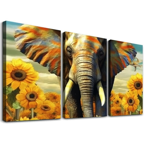 Shadudu Elephant Sunflowers Sky Canvas Wall Art Set of 3 for Living Room Bedroom Office Decor 12"x16"x3pcs
