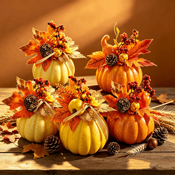Twfbrm Fall Pumpkin Tabletop Decor, 8 inch Artificial Pumpkins with Maple Leaves and Berries, Thanksgiving Farmhouse Faux Pumpkin Statue, Fall Decorations for Home Shelf Mantel Table Centerpiece