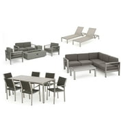 Miller Outdoor Sofa and Chat Sets with a Glass Top Dining Set, Lounges, and a Light Grey Firepit, Khaki, Silver