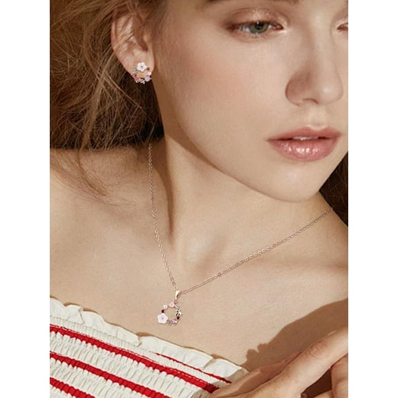 3Pcs Imitation Pearl Flower Pendant Necklaces Earrings Set Rose Gold Jewelry Sets Bride Wedding Jewelry for Women Birthday Festival Elegant Gifts 17.80 inch(45.2cm)