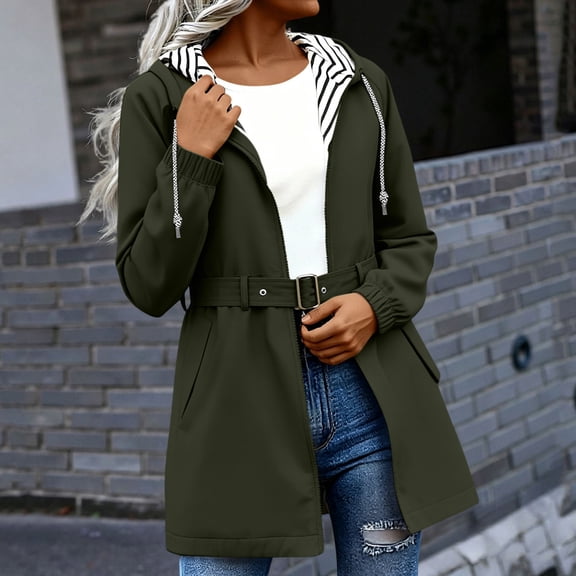 Women's Waterproof Long Rain Coats Packable Rain Jacket with Hood Trench Coats Windbreaker Army Green S