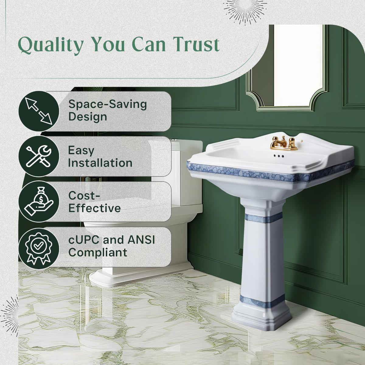 India Reserve Bathroom Pedestal Sink Blue and Gold Accent Porcelain Washbasin w/Overflow & Centerset Faucet Holes| Renovators Supply