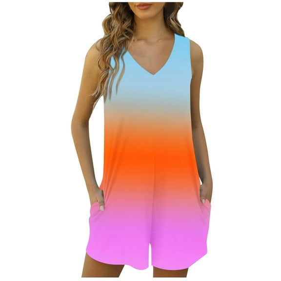 aidice Summer Jumpsuits for Women Casual V Neck Sleeveless Comfy Multi Color Hidden Zipper Shorts Rompers