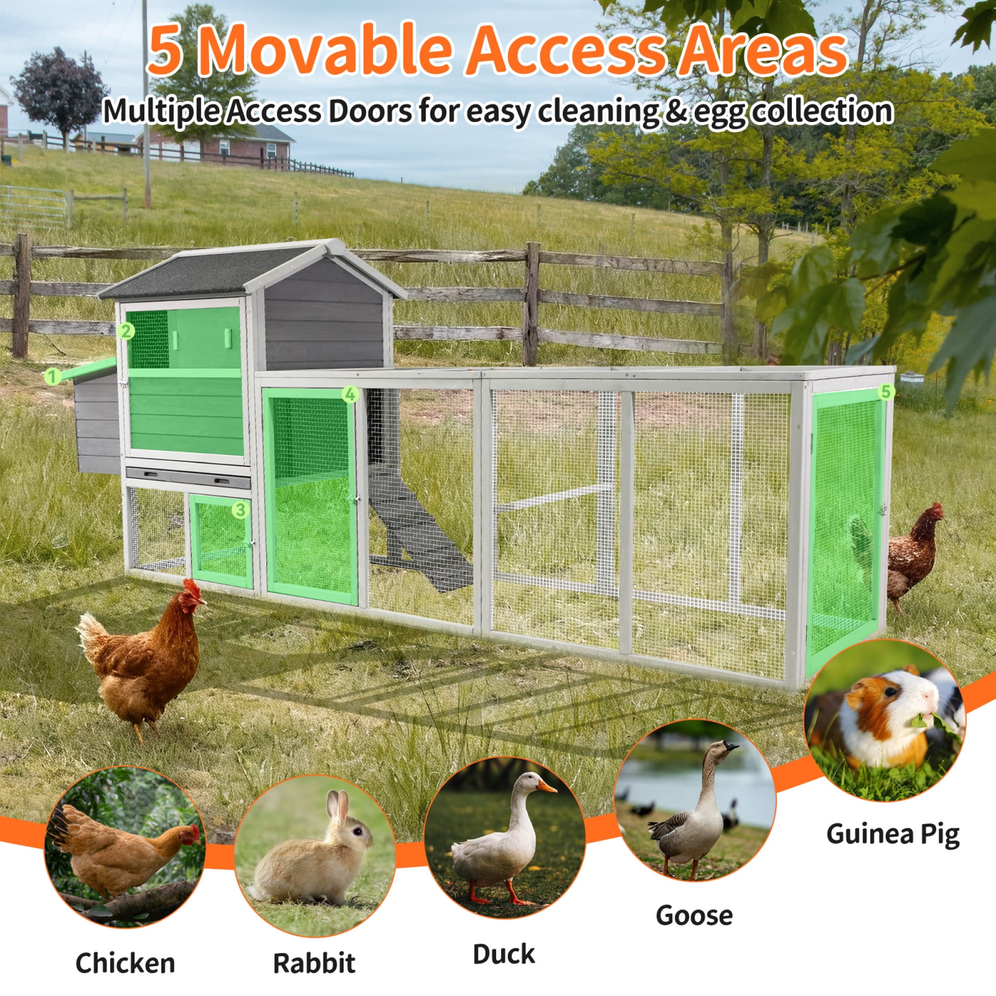 Leumius Wooden Chicken Coop, Large Outdoor Hen House with Run and Nesting Box Poultry Cage, Rabbit Hutch, Waterproof Anti-UV Panel for Backyard Gray