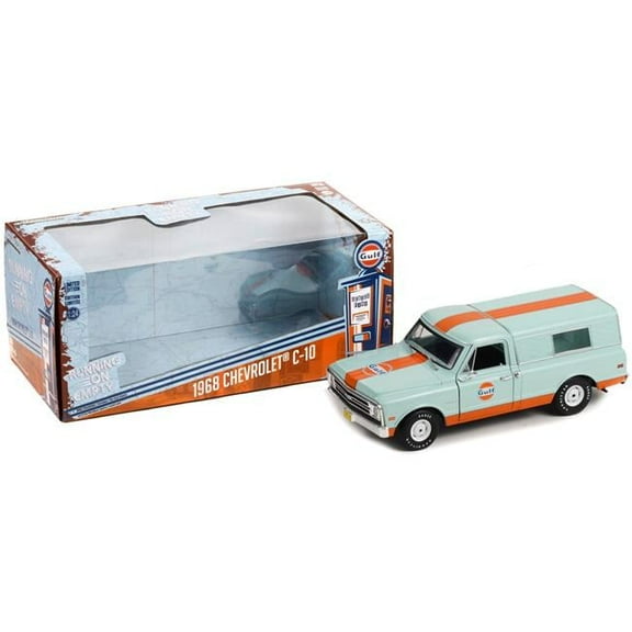 1968 Chevrolet C-10 Pickup Truck Light Blue with Orange Stripes w/Camper Shell "Gulf Oil" 1/24 Diecast Model Car by Greenlight