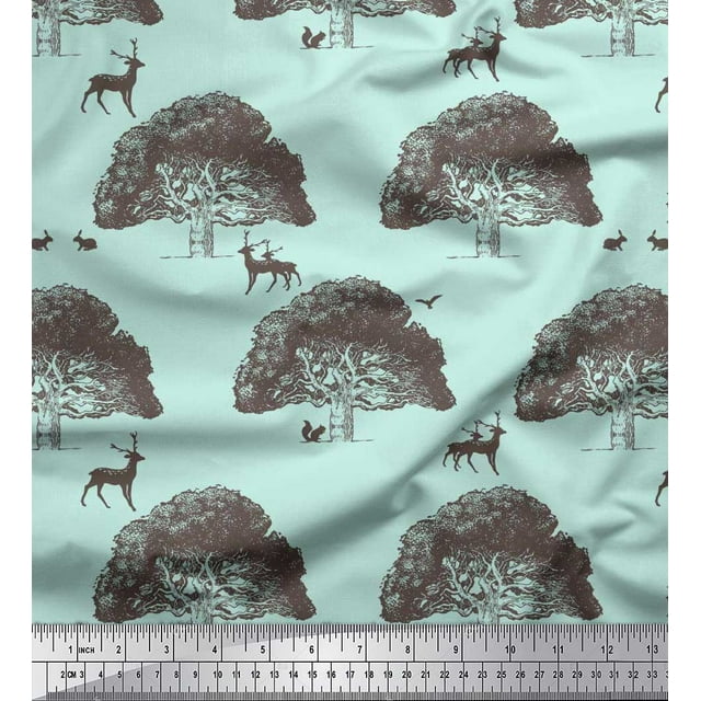 Soimoi polyester Crepe Fabric Tree,Rabbit & Reindeer Animal Print Sewing Fabric Yard 42 Inch Wide