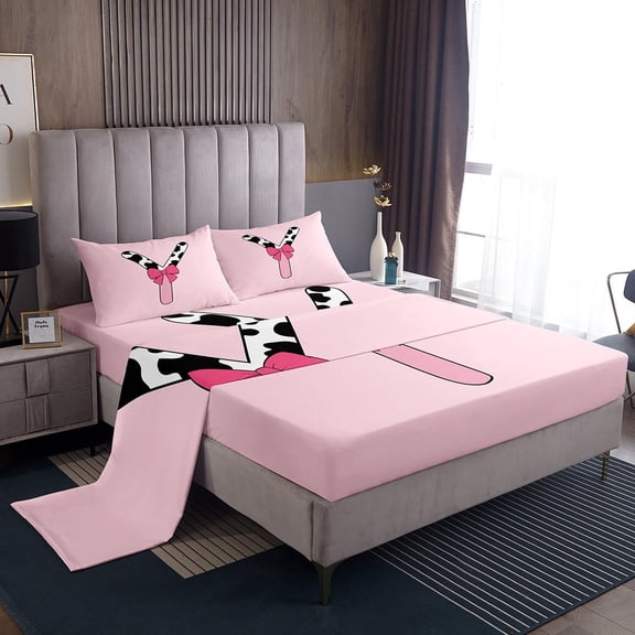 Erosebridal Initial Monogrammed Sheet Set Twin,Bowknot Cow Print Bedding Sets Twin Size,Ultra Soft Bed Sheets Twin,Kawaii Room Decorative,3pcs
