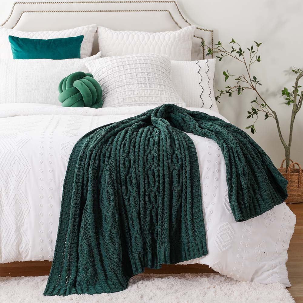 Battilo Dark Green Throw Blanket for Couch,Woven Chenille Knit Throw Blanket,Christmas Decor,51"x67"