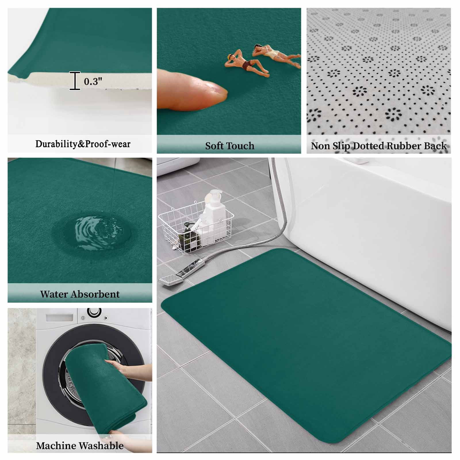 Dark Green Bath Mat 3 Piece Bathroom Rug Set, Modern Pure Dark Green Non Slip Bath Rug Contour Mat and Toilet Lid Cover, Absorbent Shower Mats Soft Bath Rugs and Mats Sets