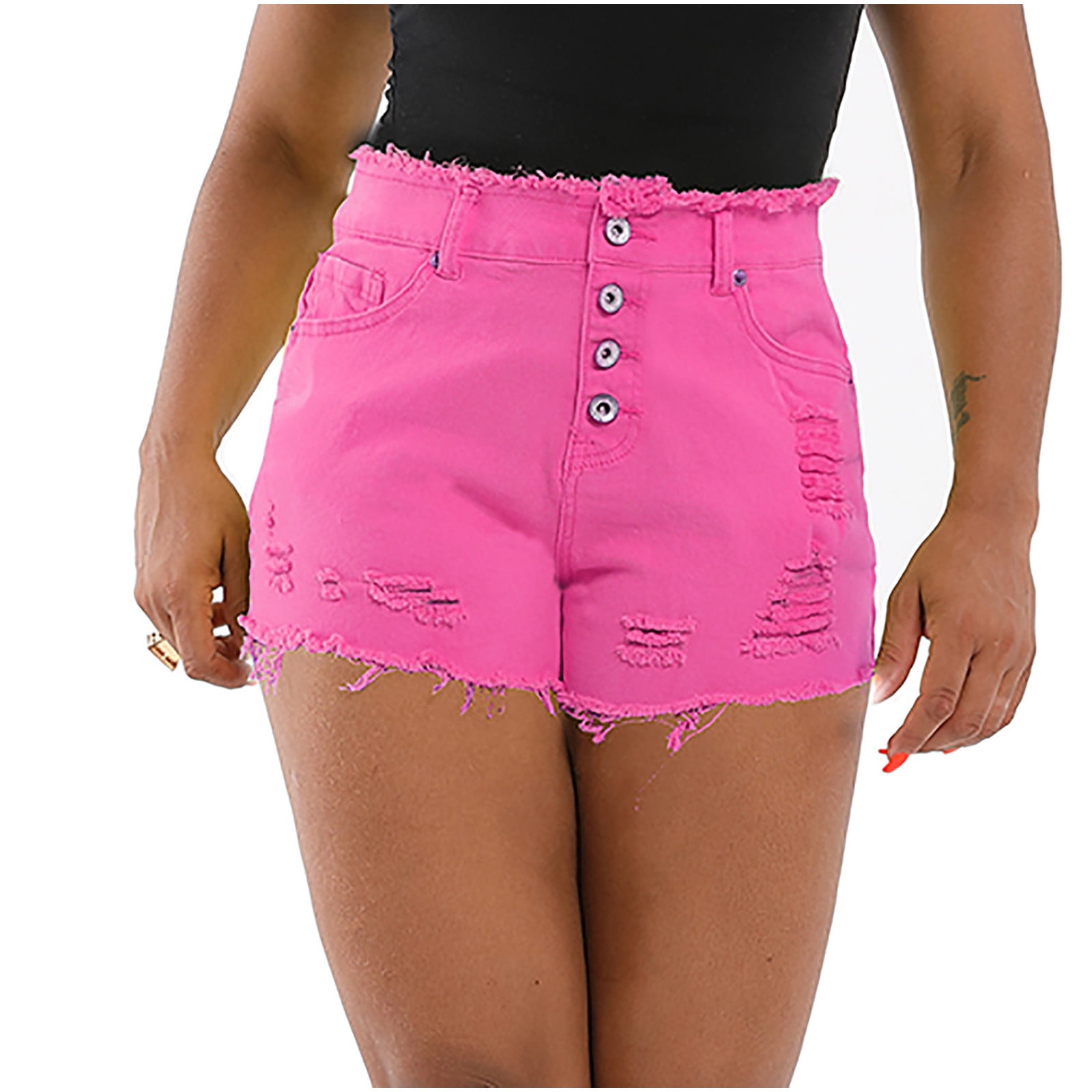 Rqyyd Ripped Jean Shorts for Women Mid Rise Frayed Hem Stretchy Tassels Denim Shorts Hot Pink S, Women's, Size: Small