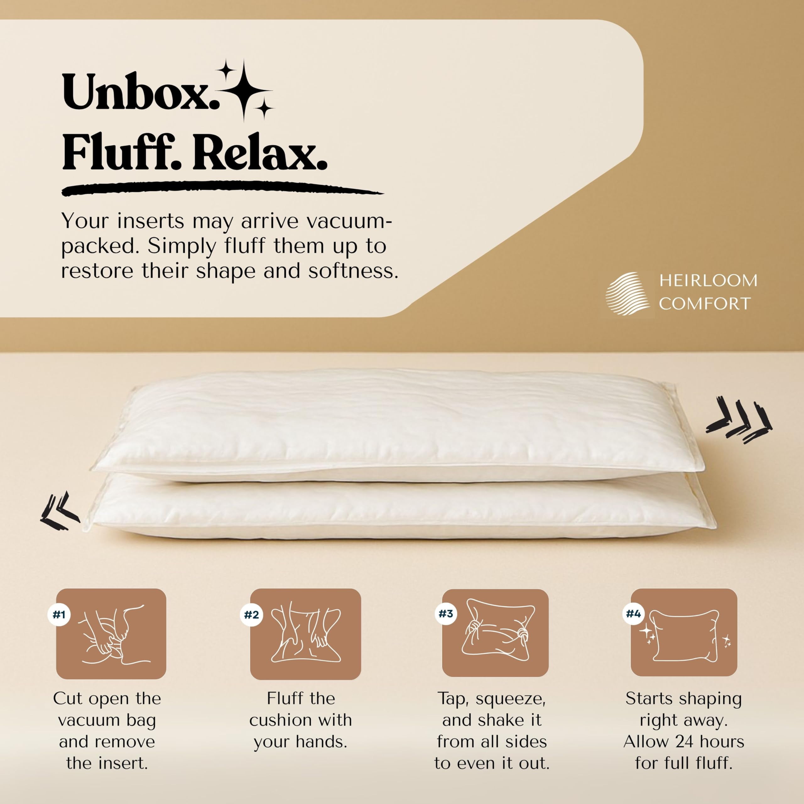 Heirloom Comfort Throw Pillow Inserts (Pack of 4, 18"x18", White, Polyester) - Square Cushions for Bed, Couch, or Reading Nook - Soft Fill for Support, Layering & Interior Design