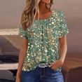 thumbnail image 2 of Women's T-Shirts Fashion Full Floral Printing Front Pleated Blouses Top Summer Square Collar Short Sleeved Shirts Button Casual Loose Pullover Tops, 2 of 5