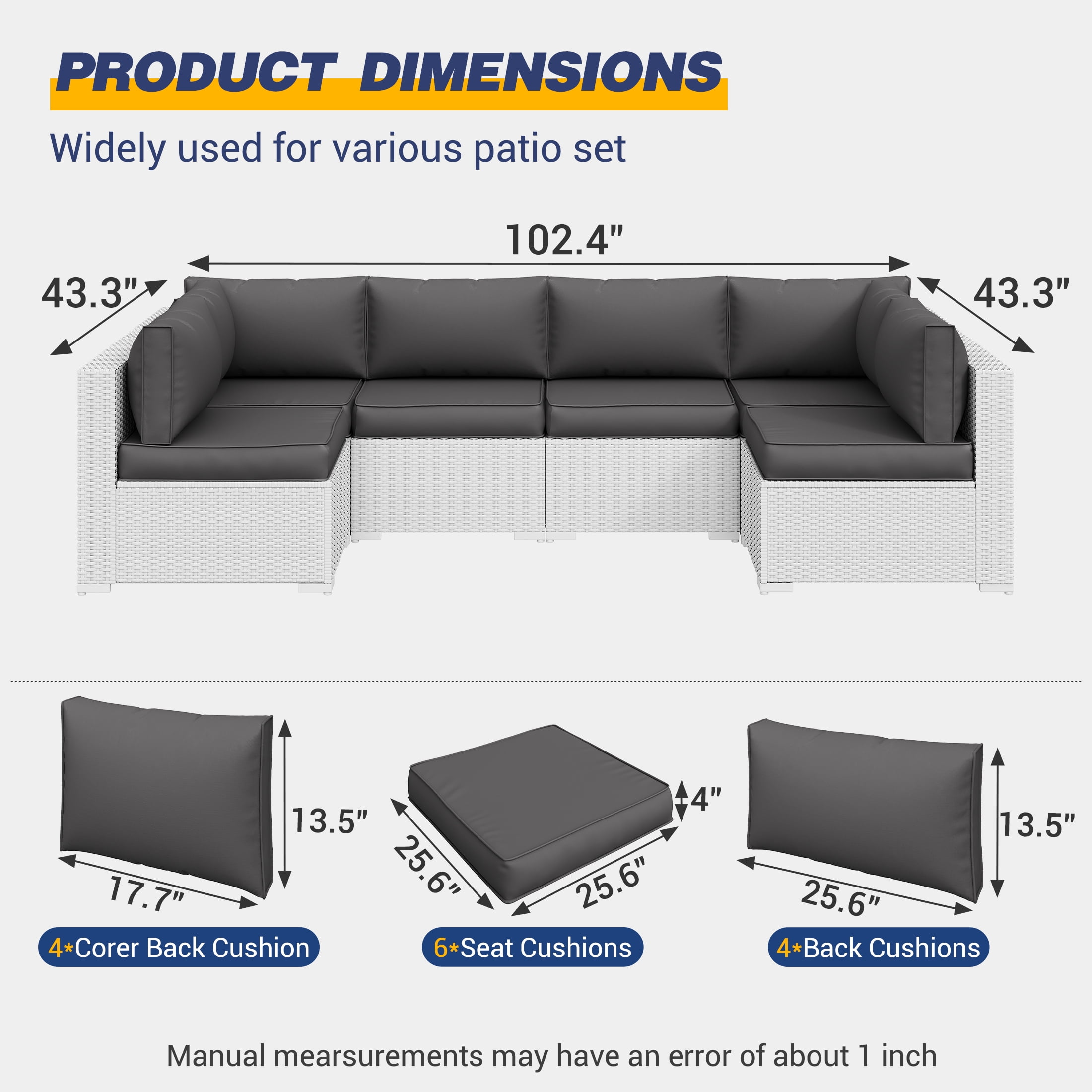 UDPATIO Outdoor Cushions, Patio Furniture Cushions, 4" Thick Replacement Outdoor Cushions, Patio Sofa Cushions with Water-Resistant Deep Seat Outdoor Couch Cushions(Dark Grey)