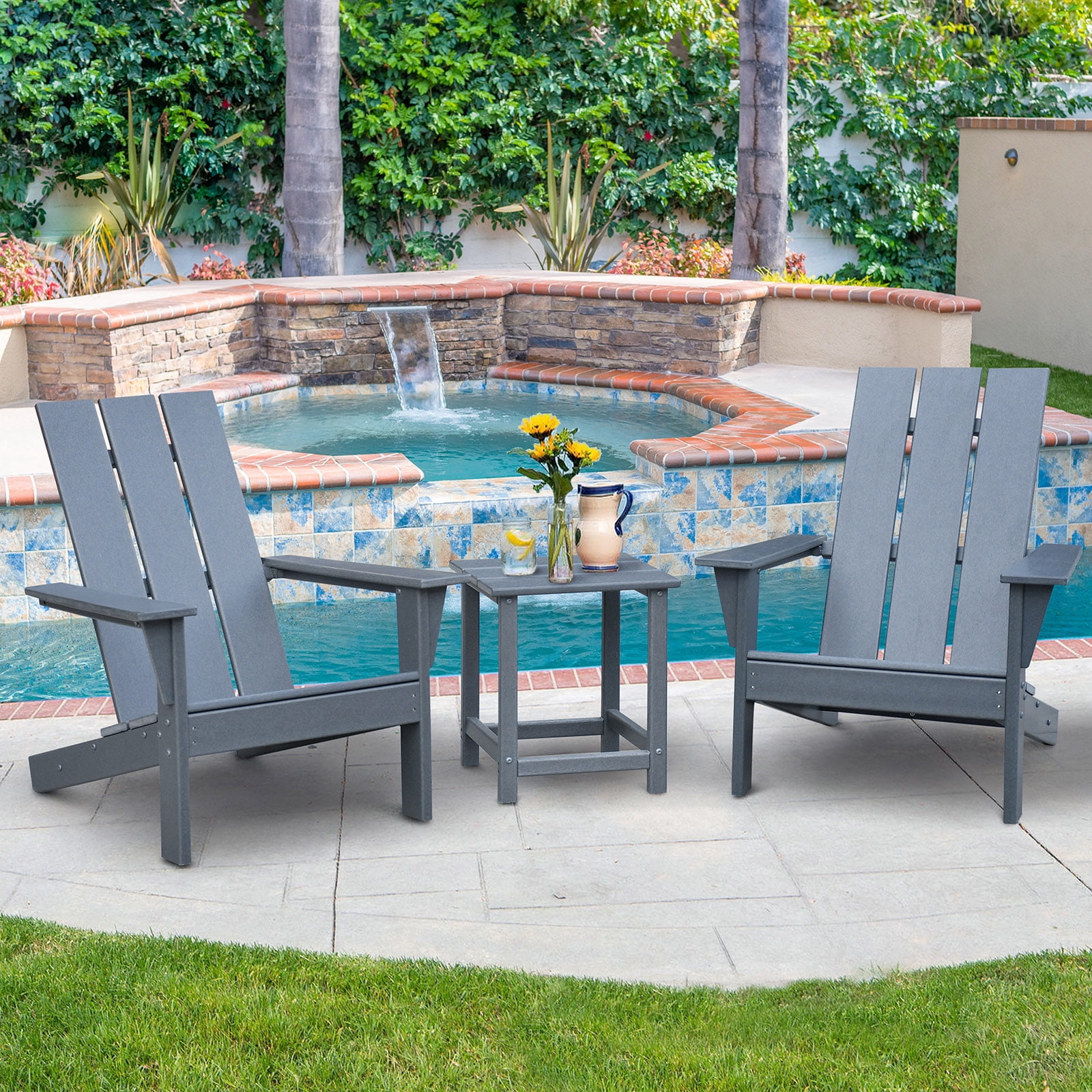 ATR ART TO REAL HDPE Plastic Resin Patio Adirondack Chair Set with Side Table, Dark Grey - 3 Pieces