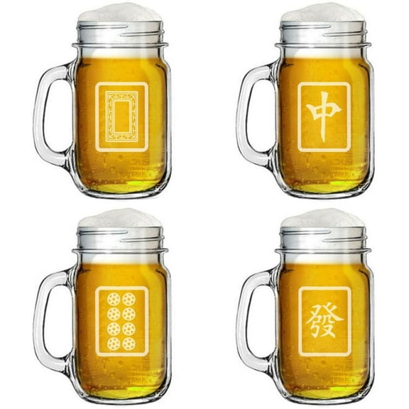 16oz Mason Jar Glass Mug w/Handle Gift Set of 4 Mahjong Tiles Collection