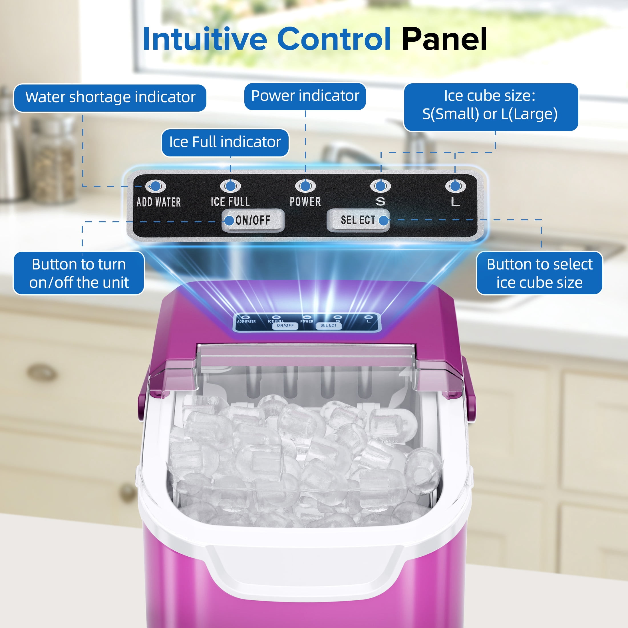 Auseo Countertop Ice Maker, 2 Sizes of Bullet Ice, 26Lbs/24H, 8 Ice Cubes in 6 Mins, Portable Ice Machine with Self-Cleaning for Home/Party/Travel/Camping (Light Purple)