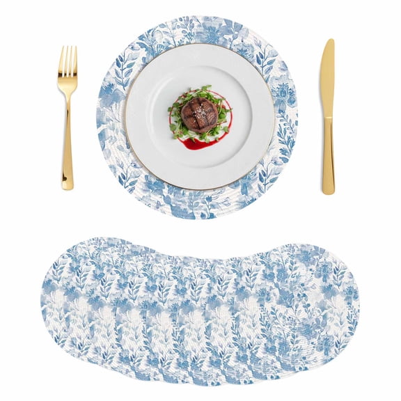 Navy Blue Flowers Round 15 Inch Placemats Set of 8, Watercolor Summer Botanical Floral HeatResistant Non Slip Place Mats for Dining Table, Wipeable Braided Kitchen Table Mats for Housewarming
