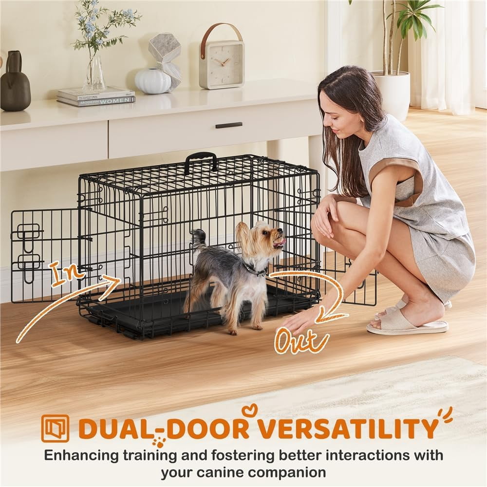 Themis 30 inch Double Door Dog Crate w/Divider for Puppy, Collapsible Metal Dog Kennel with Removable Tray, Portable Travel Cage, Black