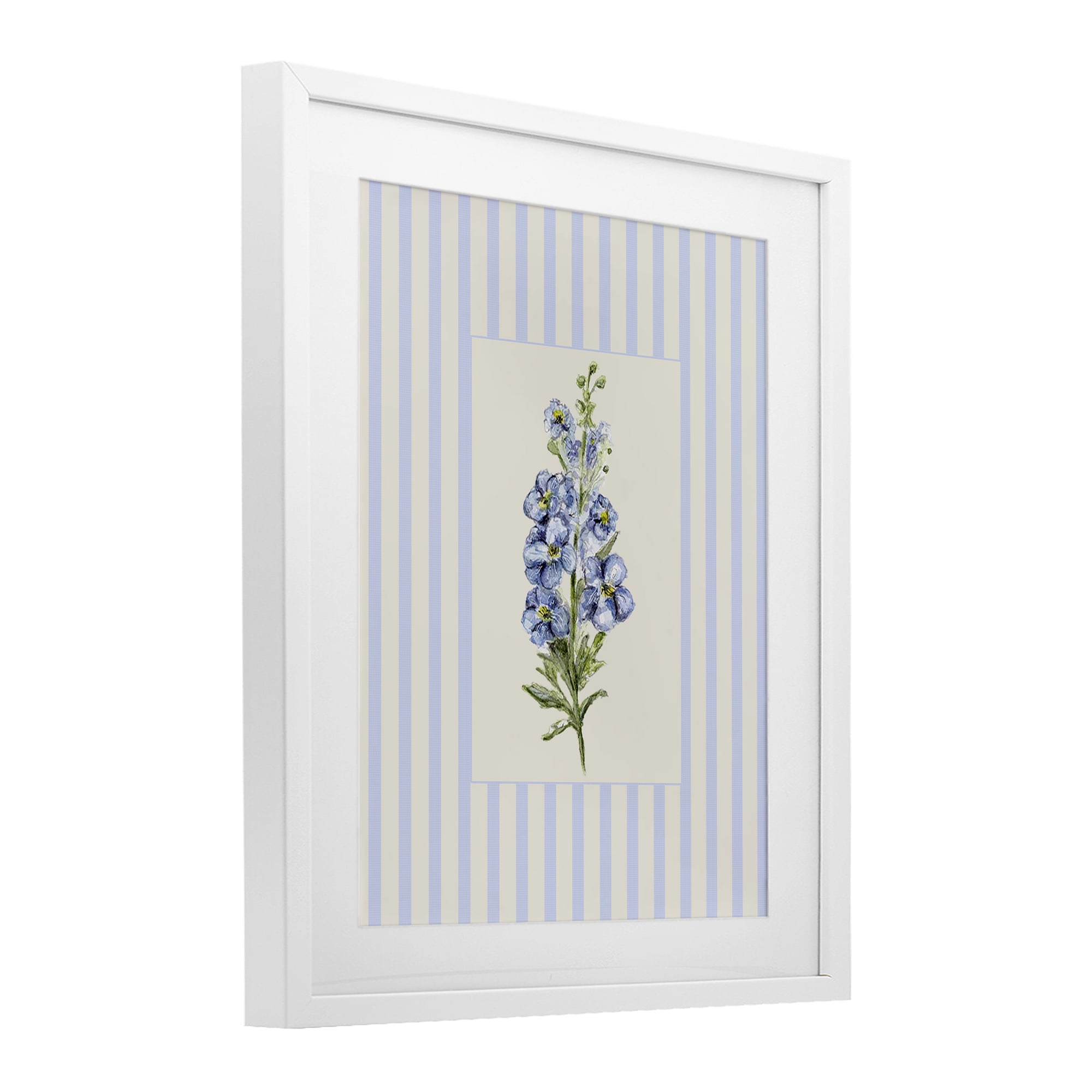Blue Stripe Larkspur White Framed Print Under Glass, design by Lisa Wehmeyer