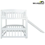 Bellemave Twin over Twin Bunk Bed , Floor Bunk Bed with Slide, Ldder, Door Openable Fence, Wooden Bunk Bed (White)