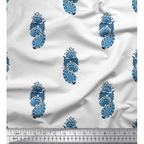 Soimoi Crepe Silk Fabric Floral & Paisley Block Printed Fabric 1 Yard 42 Inch Wide