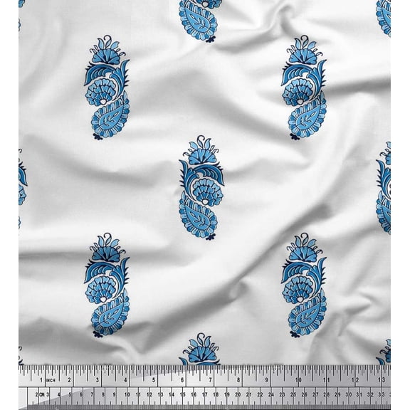 Soimoi Crepe Silk Fabric Floral & Paisley Block Printed Fabric 1 Yard 42 Inch Wide