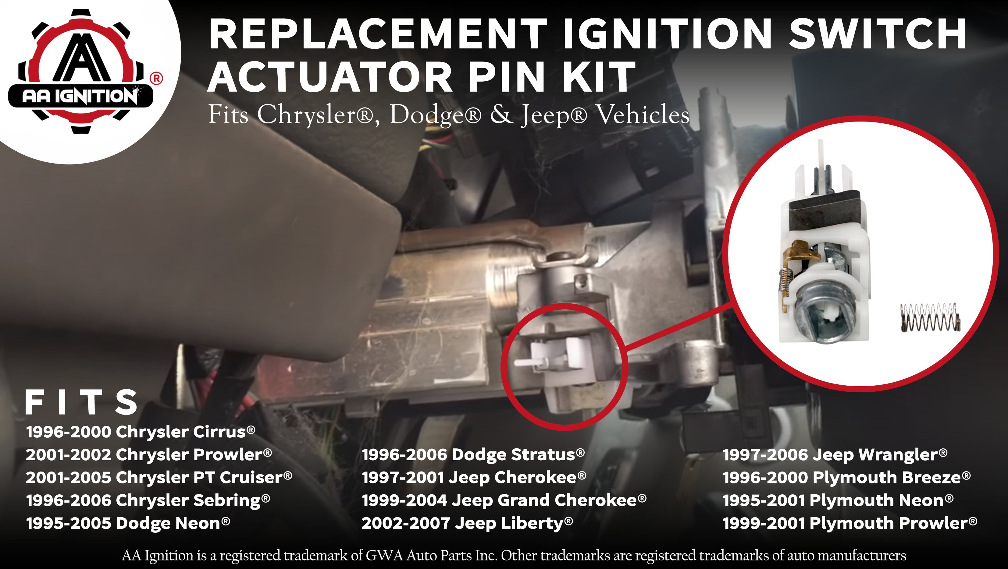 Ignition Switch Actuator Pin - Replaces# 4690492AB, 4664099, 924-704,  924704 - Fits 1997 - 2006 Jeep Wrangler, 1999 - 2004 Grand Cherokee, 02 -  07 Liberty, 1995 - 2005 Dodge Neon, Chrysler PT Cruiser 