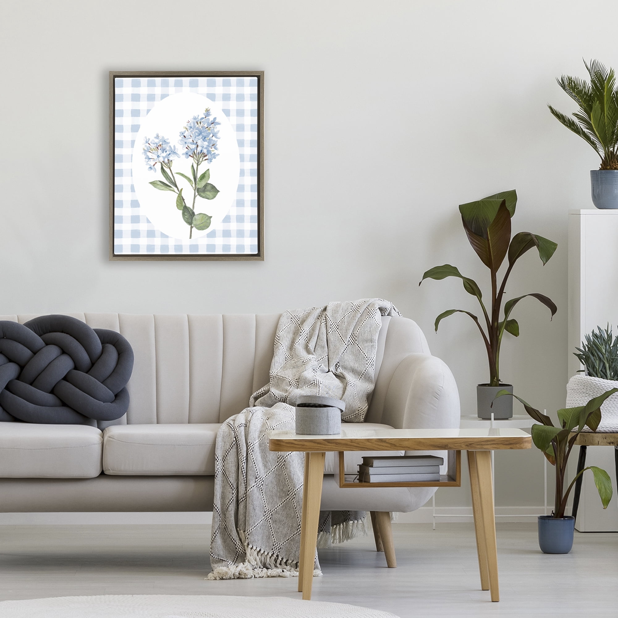 Stupell Industries Blue Checkered Blooms Brown Framed Floater Canvas Wall Art, design by Lanie Loreth