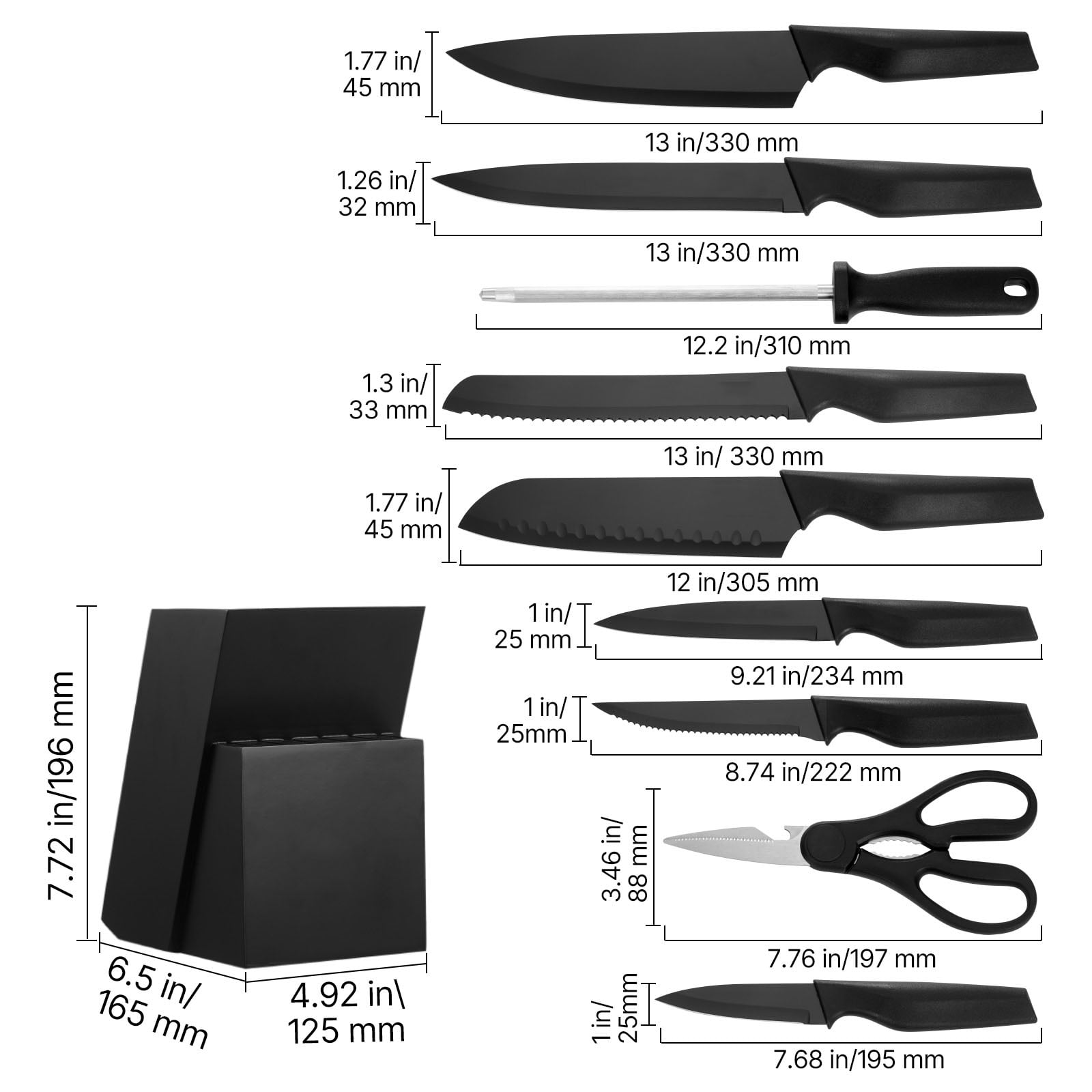 KFFKFF 15-Piece Kitchen Knife Set with Wooden Block and Sharpener, High Carbon Stainless Steel Blades, Ergonomic Handles, Sharpening Rod, Ideal for Home Cooking