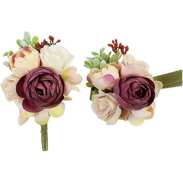 2 Piece Faux Flowers Wrist Corsage And Corsage Set, Bridesmaid Wedding Flower Accessories Prom Party Set