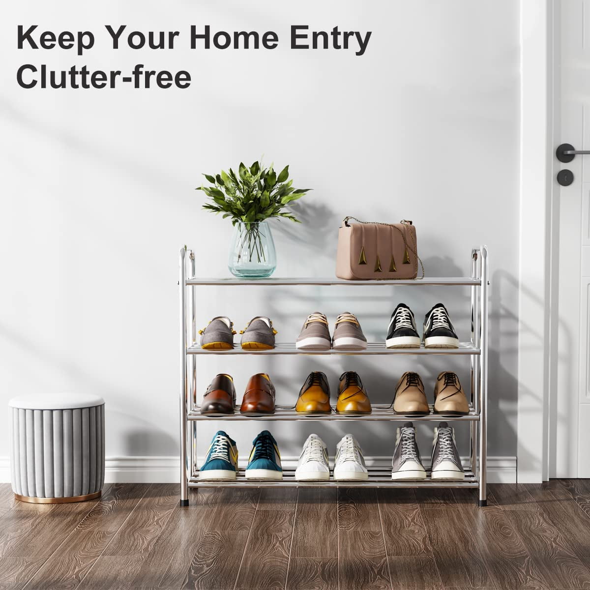 FANHAO 4-Tier Shoe Rack, 100% Stainless Steel Shoe Storage Organizer, up to 12 Pairs for Entryway