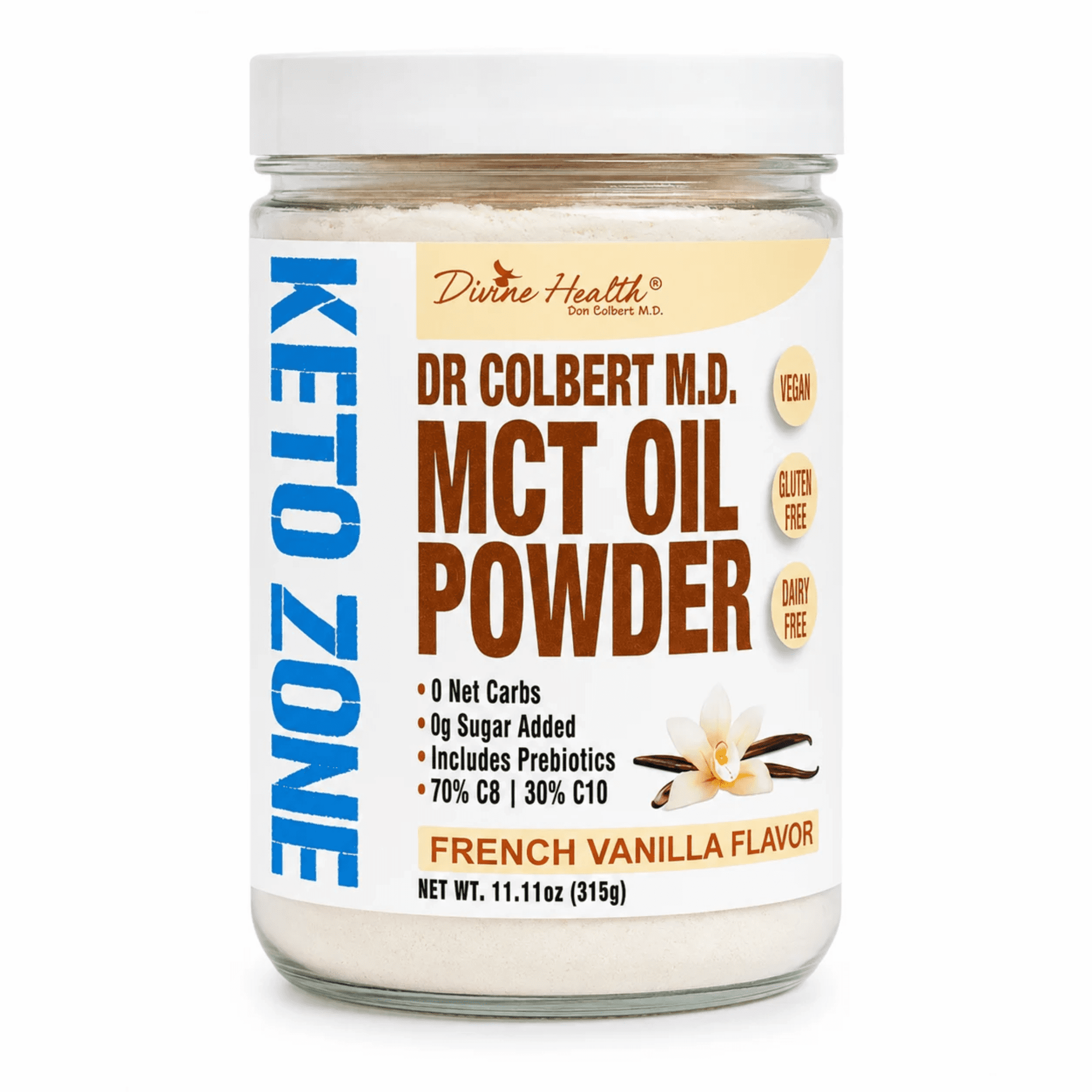 Dr. Colbert, MD MCT Oil Powder | French Vanilla Flavor | by Divine Health | Keto Zone | 70% C8 | 30% C10 | 0 Net Carbs | Gluten Free | 30 Day Supply | 315g
