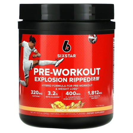 SIXSTAR Pre-Workout Explosion Ripped 2.0, Peach Mango, 8.47 oz (240 g)