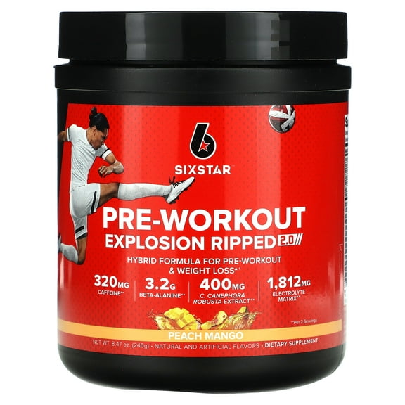 SIXSTAR Pre-Workout Explosion Ripped 2.0, Peach Mango, 8.47 oz (240 g)