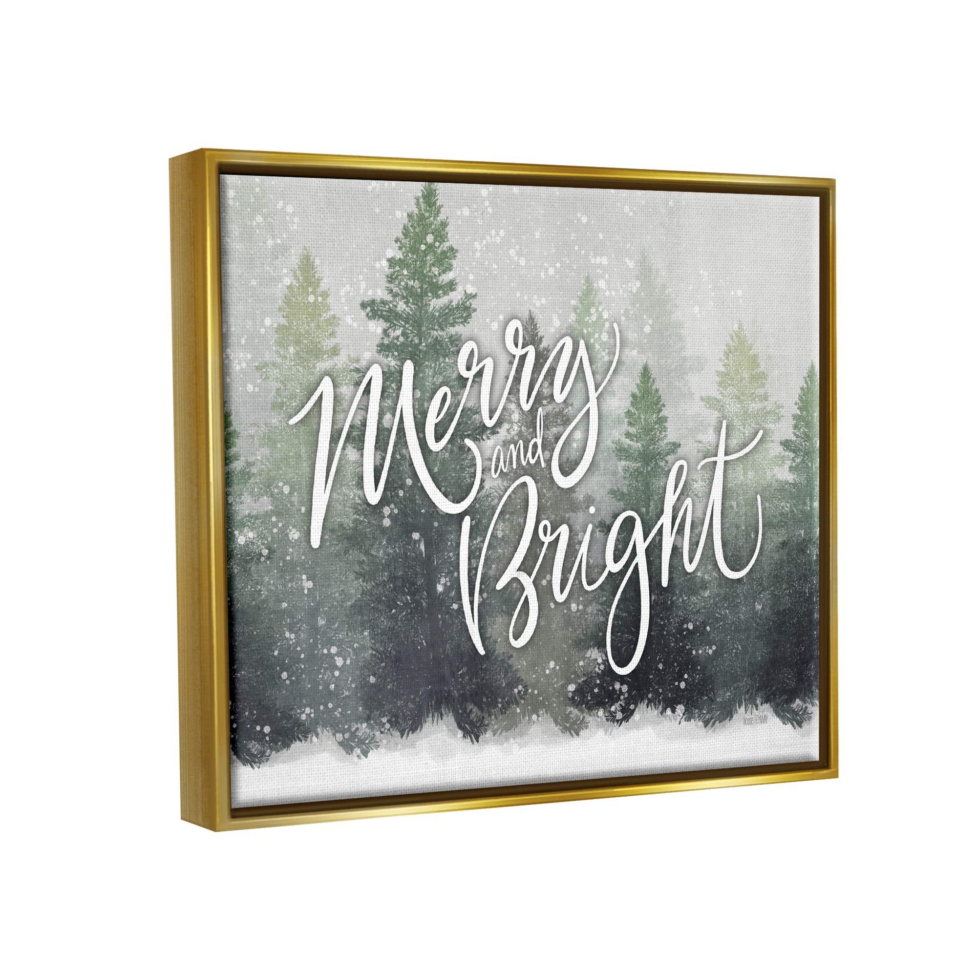 Stupell Industries Merry & Bright Scenic Niveous Winter Forest Landscape Graphic Art Metallic Gold Floating Framed Canvas Print Wall Art, Design by House Fenway