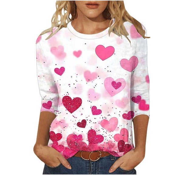 Fashion Gifts Valentine Heart Print Round Neck 3/4 Sleeve Tshirt for Women Casual Spring Summer My Items
