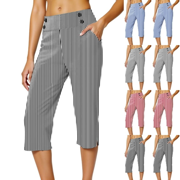 Miluxas Women's Plus Size Capri Pants Striped Print High Waist Stretchy Comfy Casual Capris Loose Wide Leg Crop Sweatpant White XL(XL)