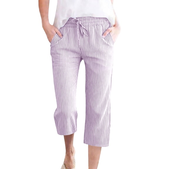 ZUKMRJPC Women's Striped Capri Pants Drawstring Elastic High Waist Straight Leg Pants Casual Vintage Cropped Pant with Pockets Loose Fit Summer Outfits