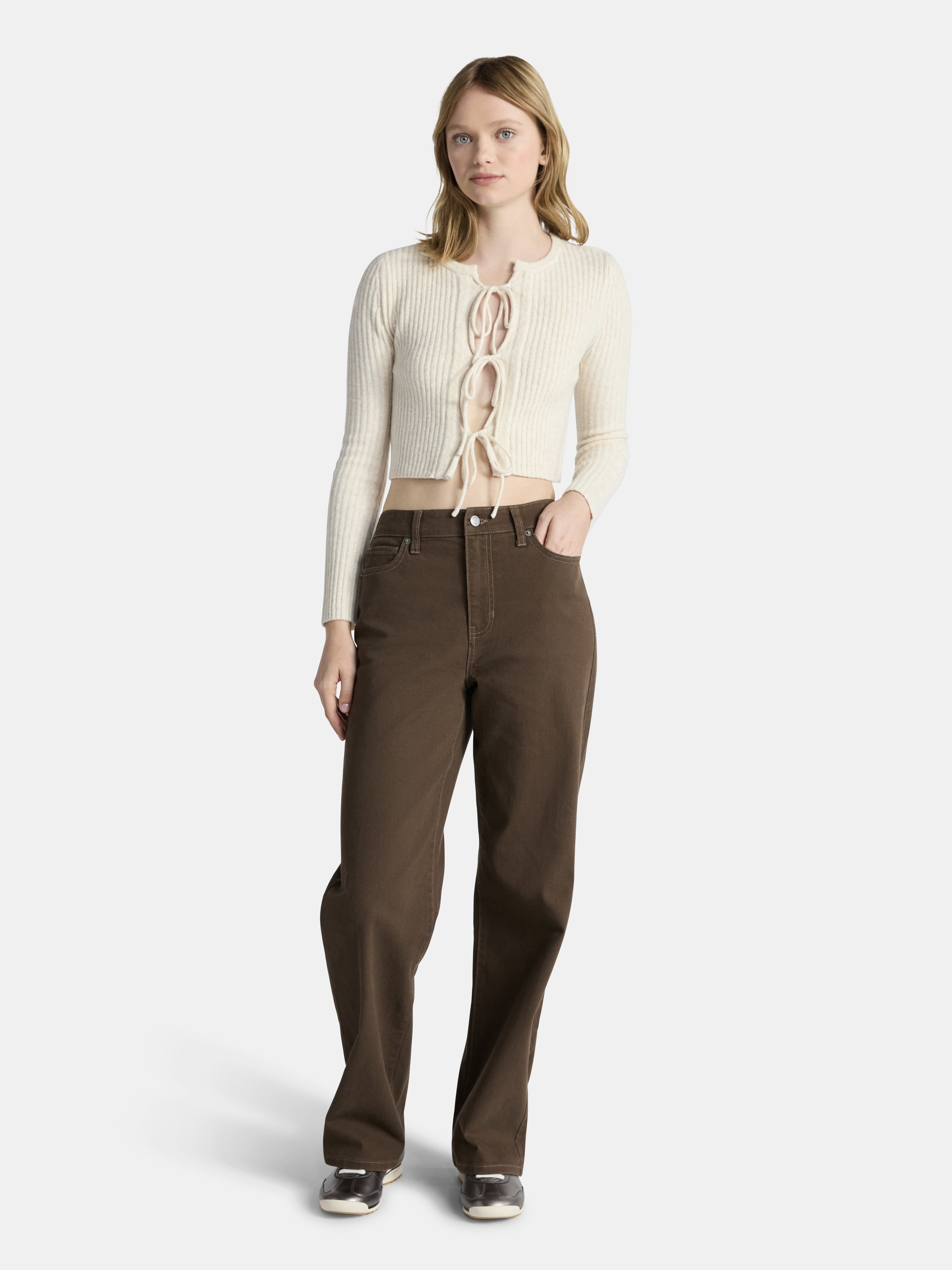 No Boundaries Bow-Tie Ribbed Cardigan, Women's