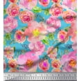 thumbnail image 1 of Soimoi Blue Silk Fabric Leaves,Pink & Peach Rose Watercolor Decor Fabric Printed BTY 42 Inch Wide, 1 of 1