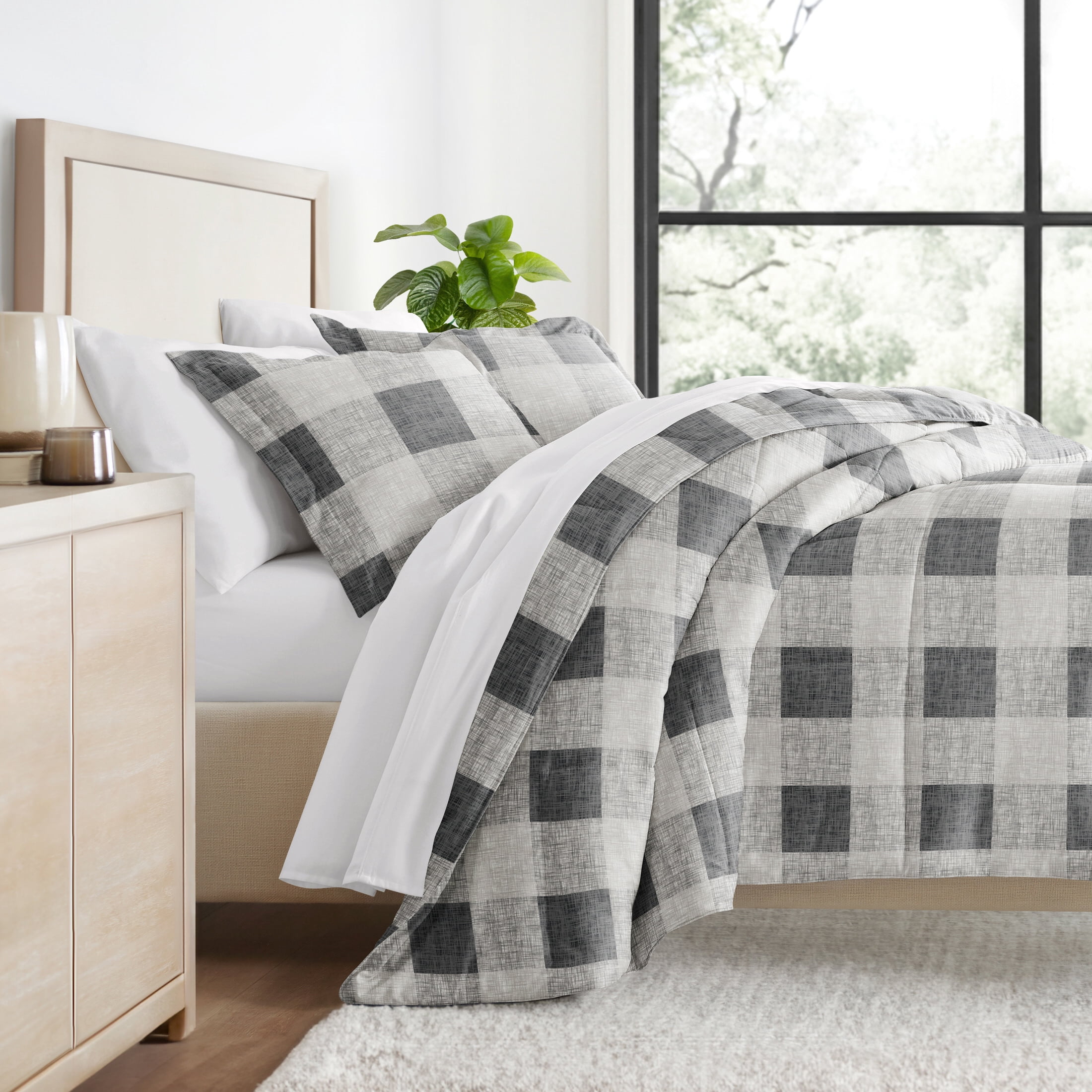 All Season Ultra Soft Comforter Set Down-Alternative Bedding in Gray Plaid Gingham for King/Cal King by Comfort Canopy