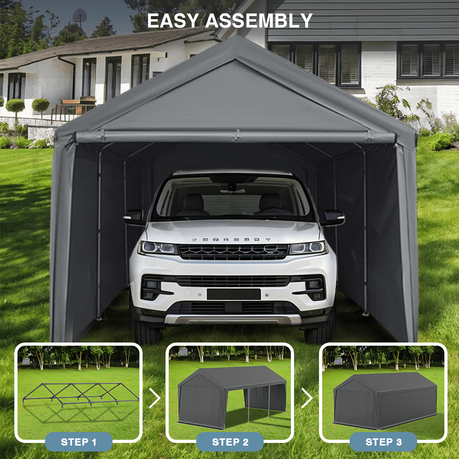 Gaildon W10xL20Ft Heavy Duty Steel Carport Portable Garage with Removable Sidewalls, Waterproof&Anti-Sunburn&Adjustable Height, Gray