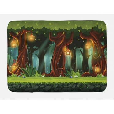Cartoon Bath Mat, Enchanted Forest with Blossoming Trees Background Cartoon Landscape, Plush Bathroom Decor Mat with Non Slip Backing, 29.5" X 17.5", Multicolor, by Ambesonne