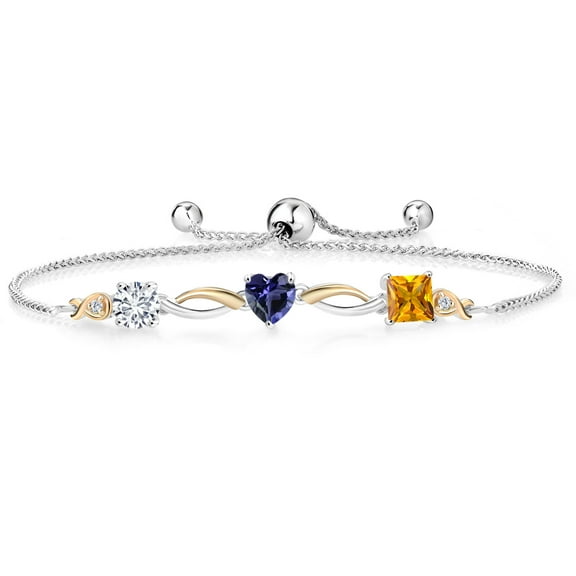Gem Stone King 925 Silver and 10K Yellow Gold Blue Iolite Yellow Citrine and Lab Grown Diamond Tennis Bracelet for Women By Keren Hanan (1.68 cttw, Adjustable up To 9 inch)
