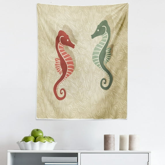 Nautical Tapestry, Graphic Colorful Beach Coral Reef Vintage Design Print, Fabric Wall Hanging Decor for Bedroom Living Room Dorm, 5 Sizes, Forest Green Sand Brown, by Ambesonne