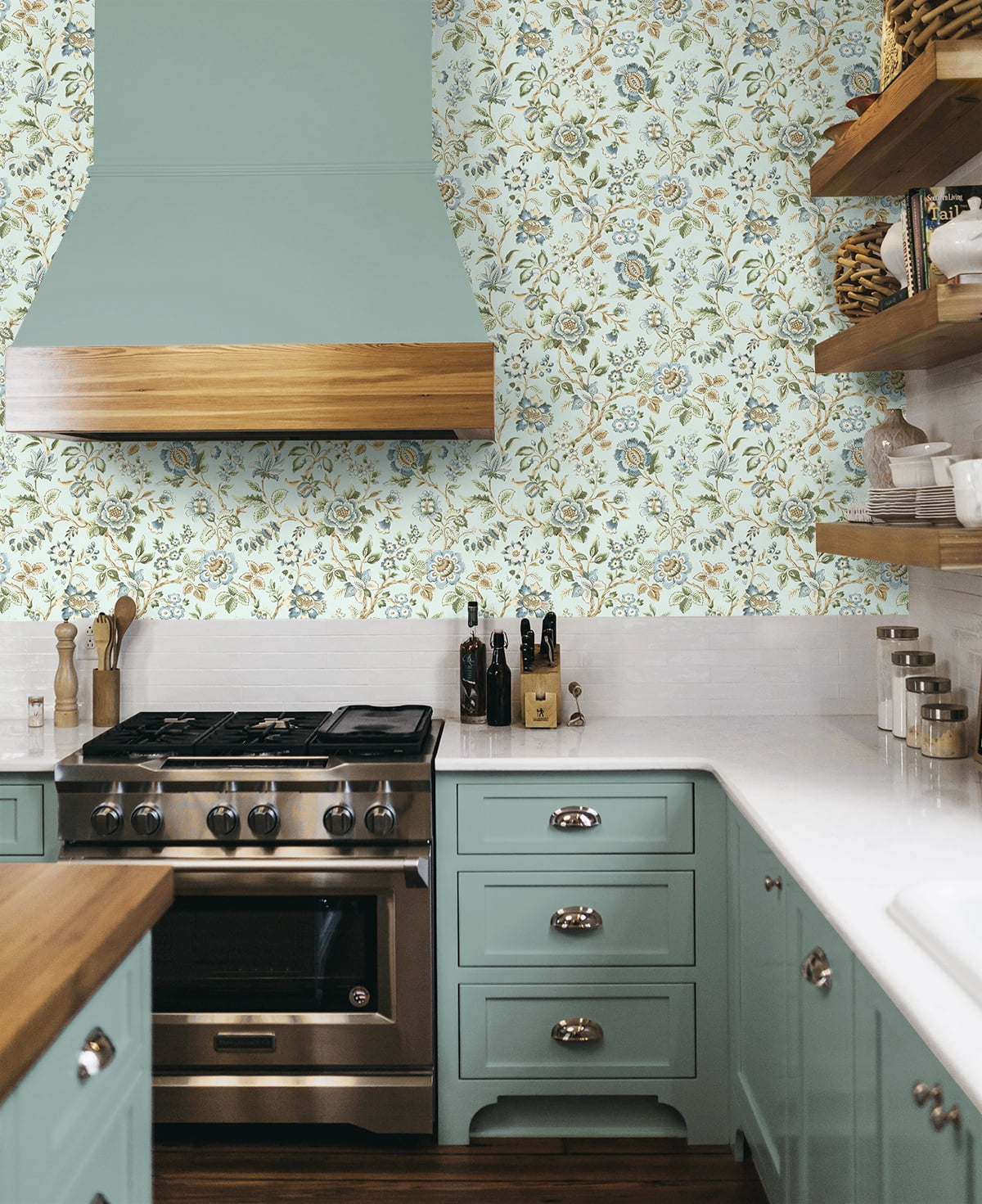 Stacy Garcia Home Sea Mist Jacobean Floral Trail Peel and Stick Wallpaper - 20.5 in. W x 10 ft. L Roll